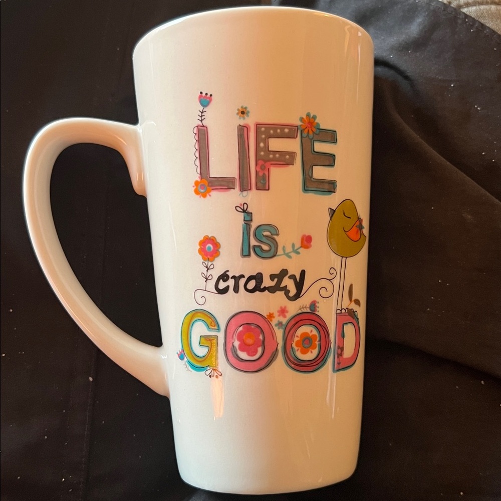 Natural Life Life is CRAZY Good Cream Flowers Bird Latte Mug Cup - Picture 7 of 7